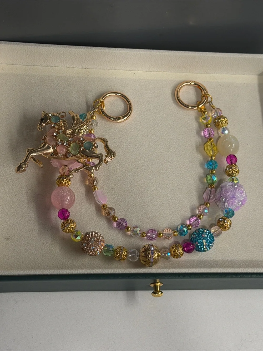Multicolor Beaded Pegasus Charm Bag Chain - Gold Tone - Picture 6 of 6